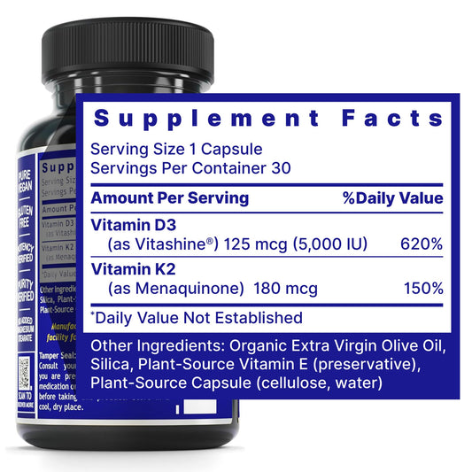 Vegan, gluten-free Vitamin D3 and K2 plant-based capsules