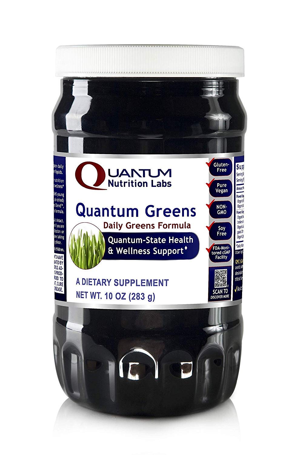 Quantum Organic Greens powder jar with scoop