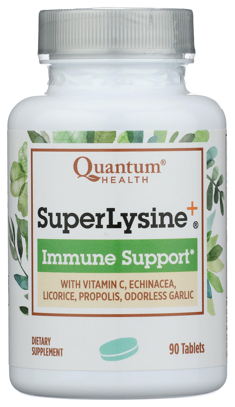 Front view of Quantum Research Super Lysine+ tablet bottle