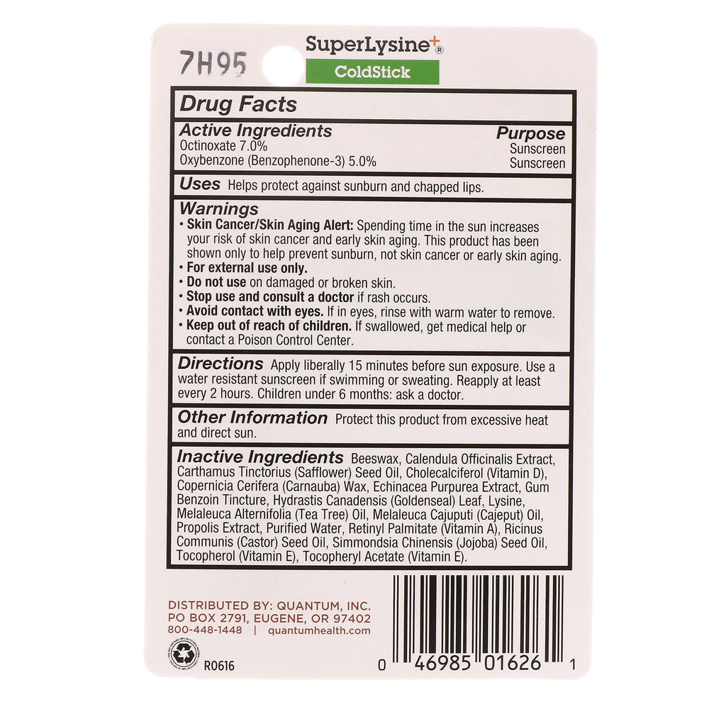 Quantum Super Lysine ColdStick lip protectant label closeup showing healing herbs and vitamins