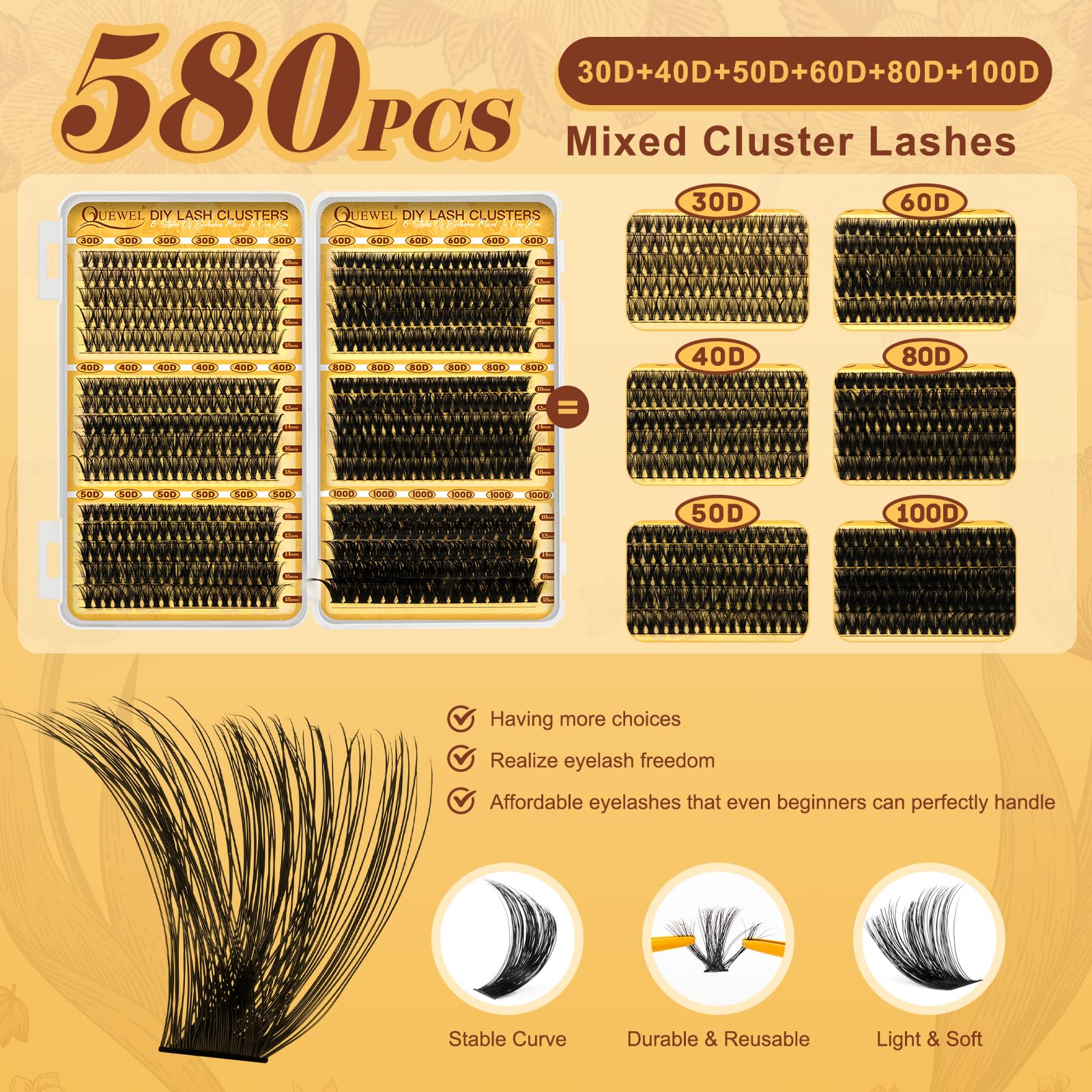 QUEWEL 580pcs eyelash clusters 40D balanced volume for comfort