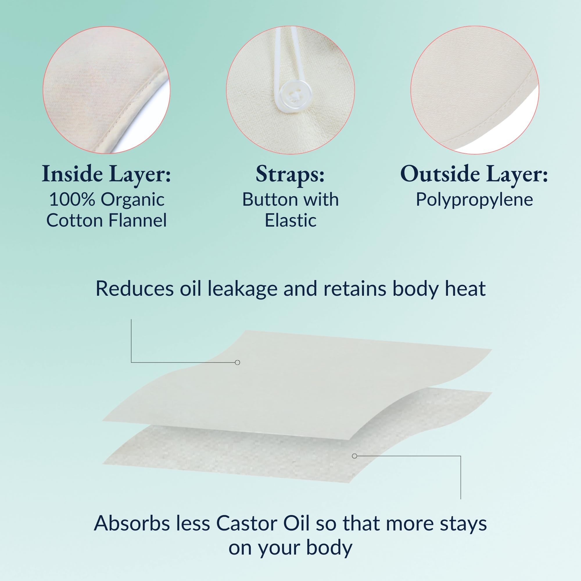 Small Castor Oil Pack secured to a bra strap with elastic button