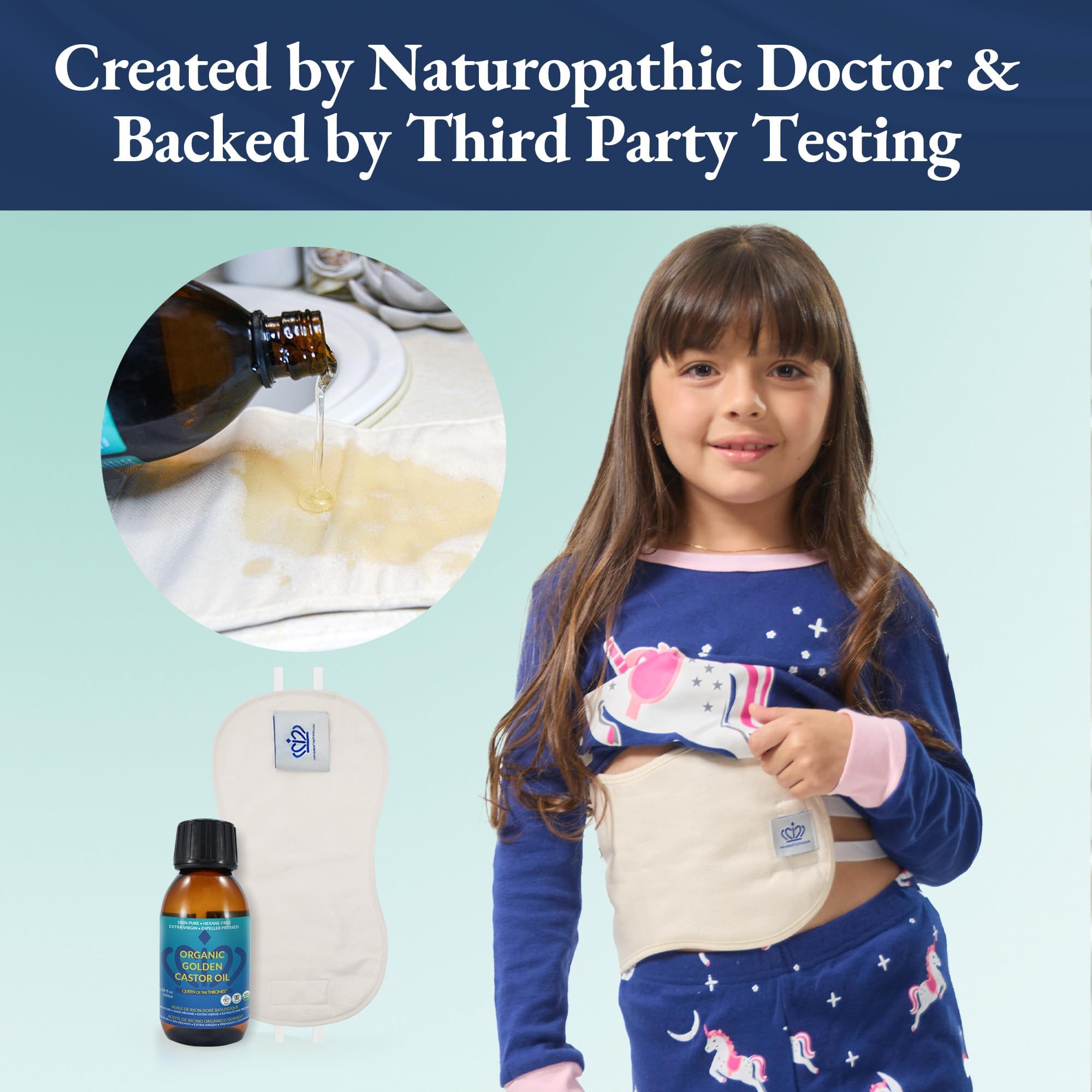 Castor oil pack usage setup with bottle nearby