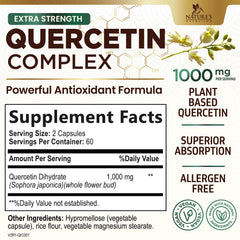 Quercetin 1000mg bottle label highlighting vegan non-GMO formula