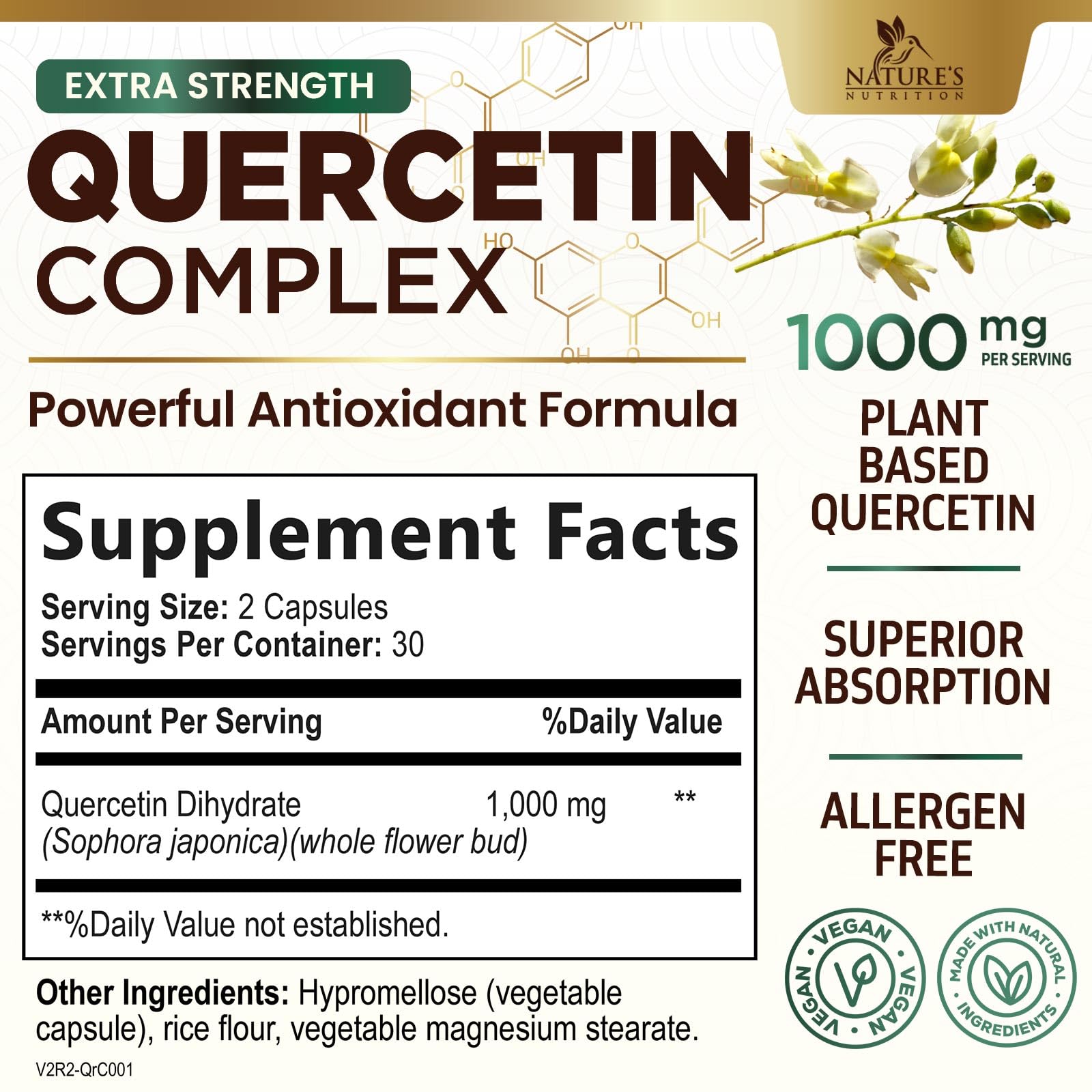 Ingredients list for Quercetin 1000mg supplement