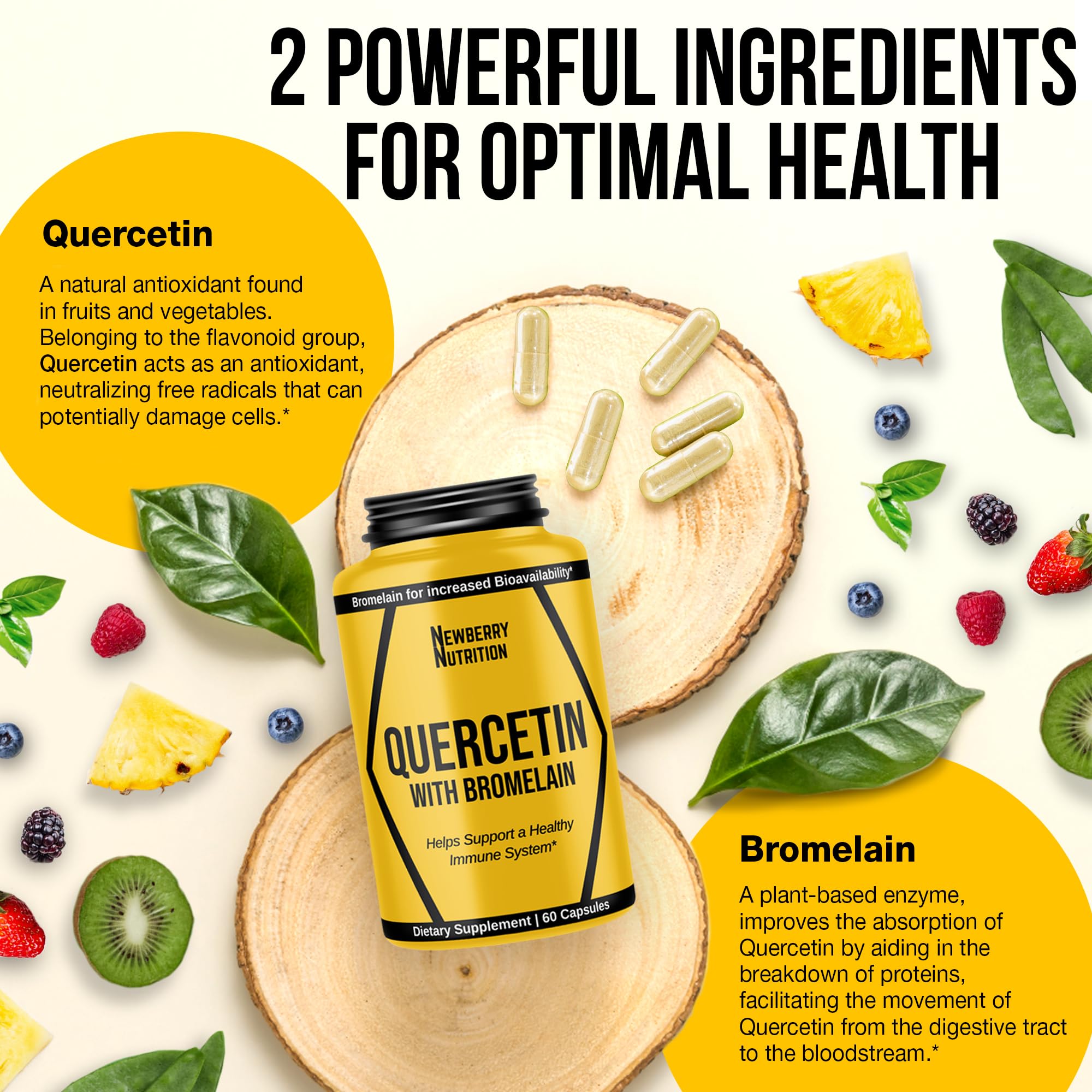 Graphic highlighting immune support benefits of quercetin and bromelain