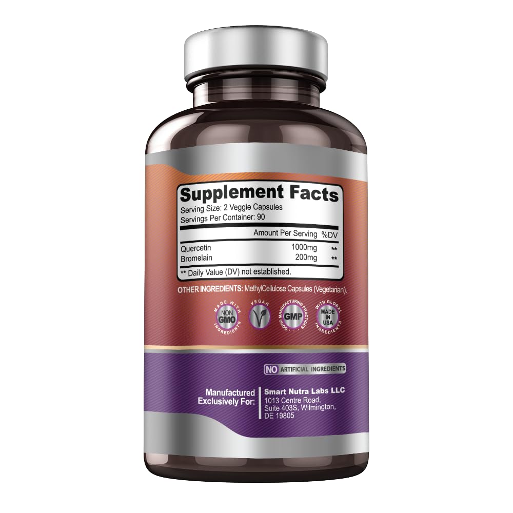 Packaging of Smart Nutra Labs Quercetin with Bromelain 180 count