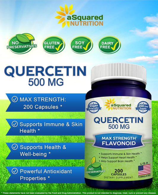 Close-up of quercetin dihydrate 500mg capsule label