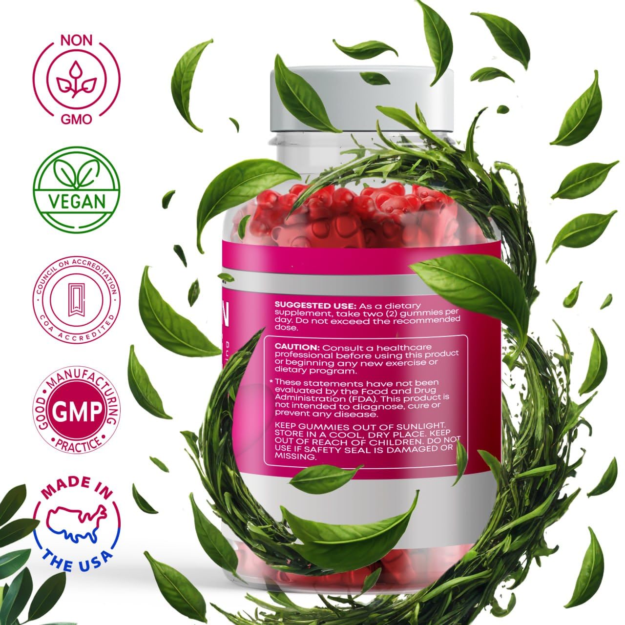 Product packaging with ingredients list and gummies