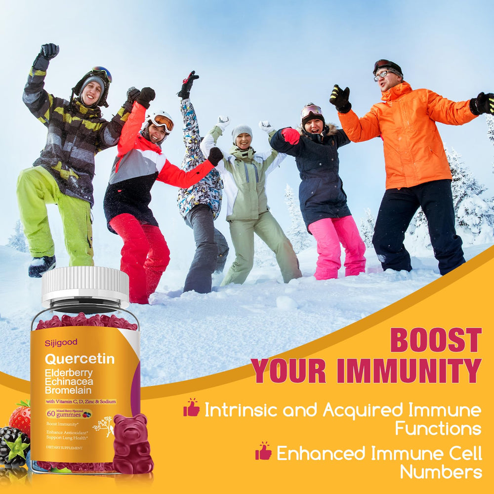 Illustration of key ingredients: elderberry, echinacea, bromelain, vitamin C, vitamin D, zinc