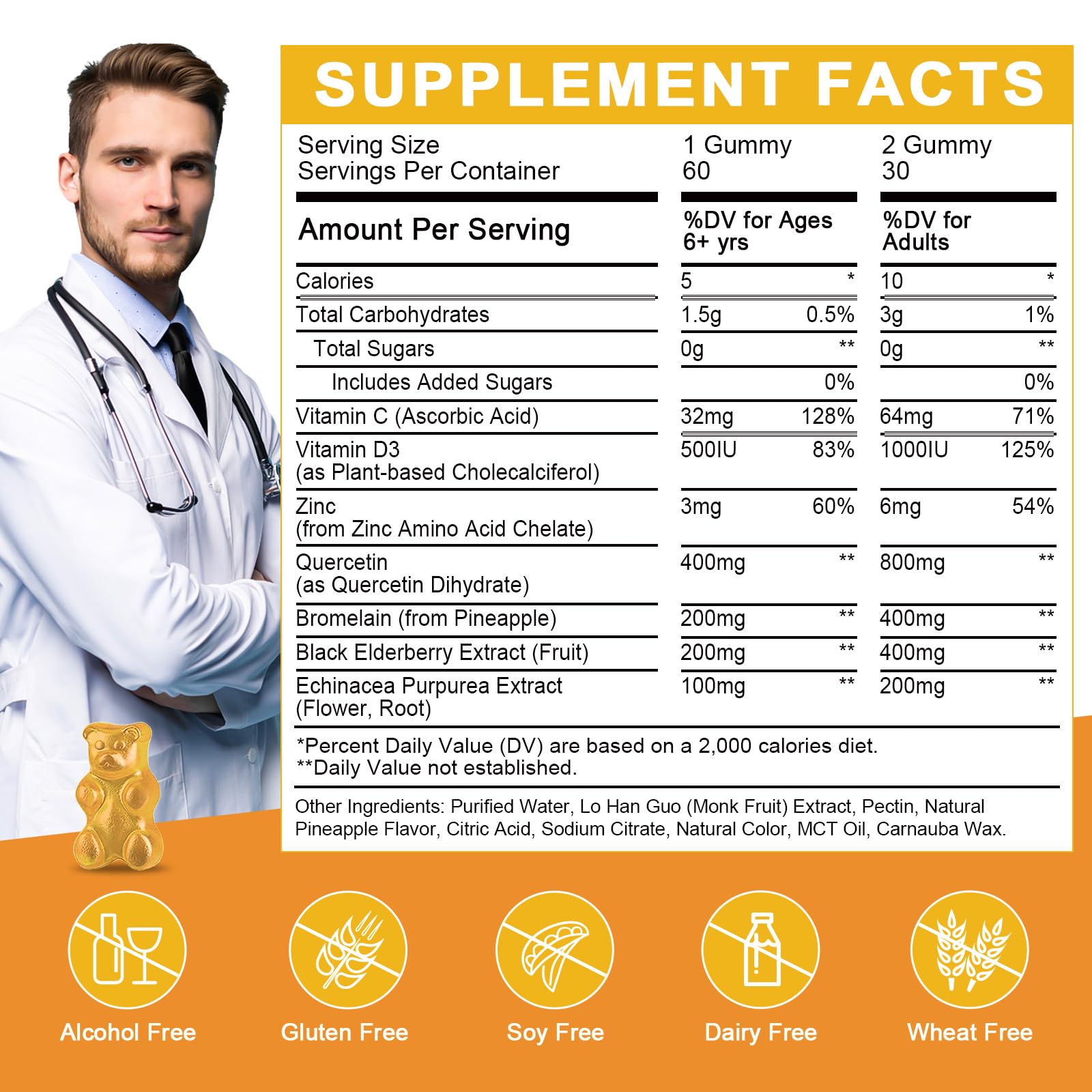 Front view of Pineapple flavored Quercetin Gummies package