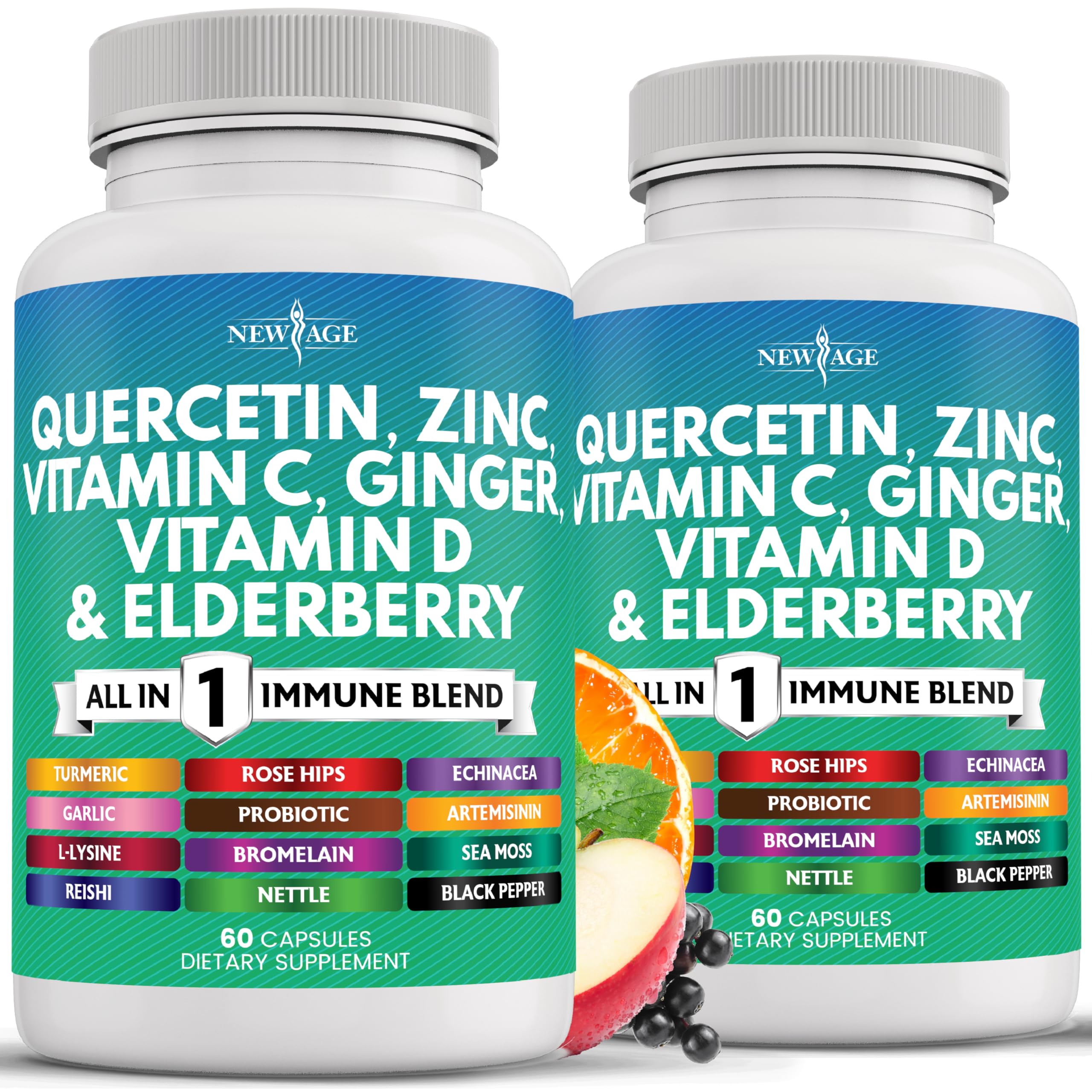 Bottle of Quercetin Zinc Vitamin C D Bromelain Elderberry Nettle Immune Support