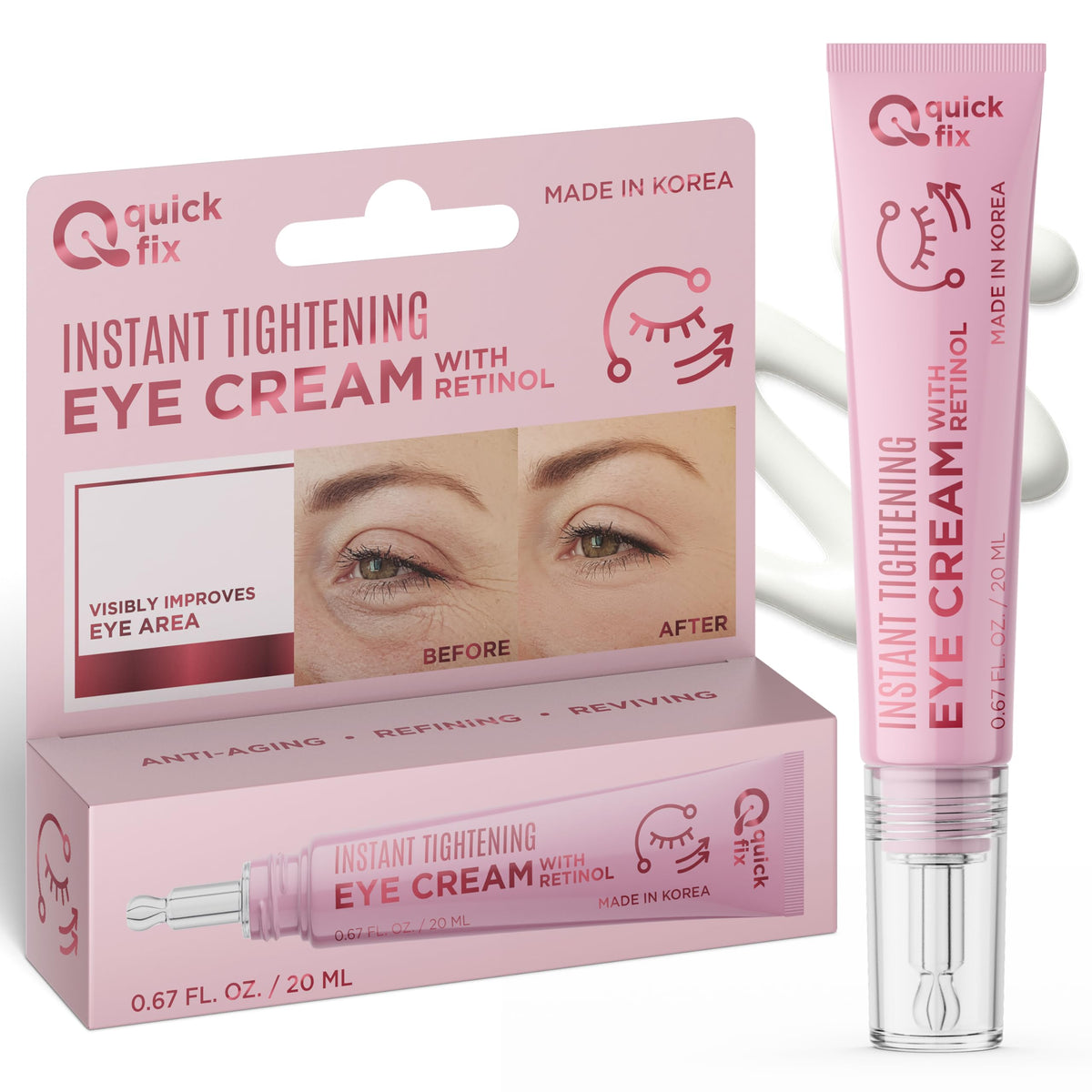 Quick Fix retinol eye tightener cream packaging displays clean vegan eye care branding.