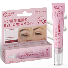 Quick Fix retinol eye tightener cream packaging displays clean vegan eye care branding.