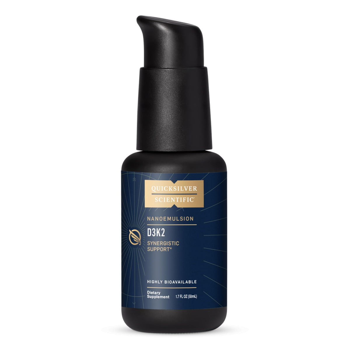 Front view of Quicksilver D3K2 nanoemulsified bottle