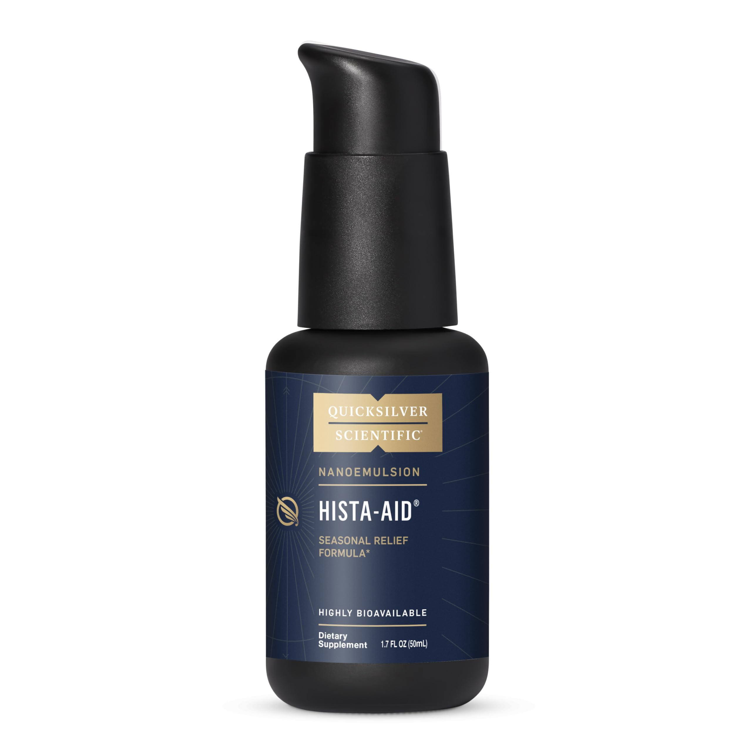 Quicksilver Scientific Hista-Aid bottle label shows liposomal formula for histamine balance.