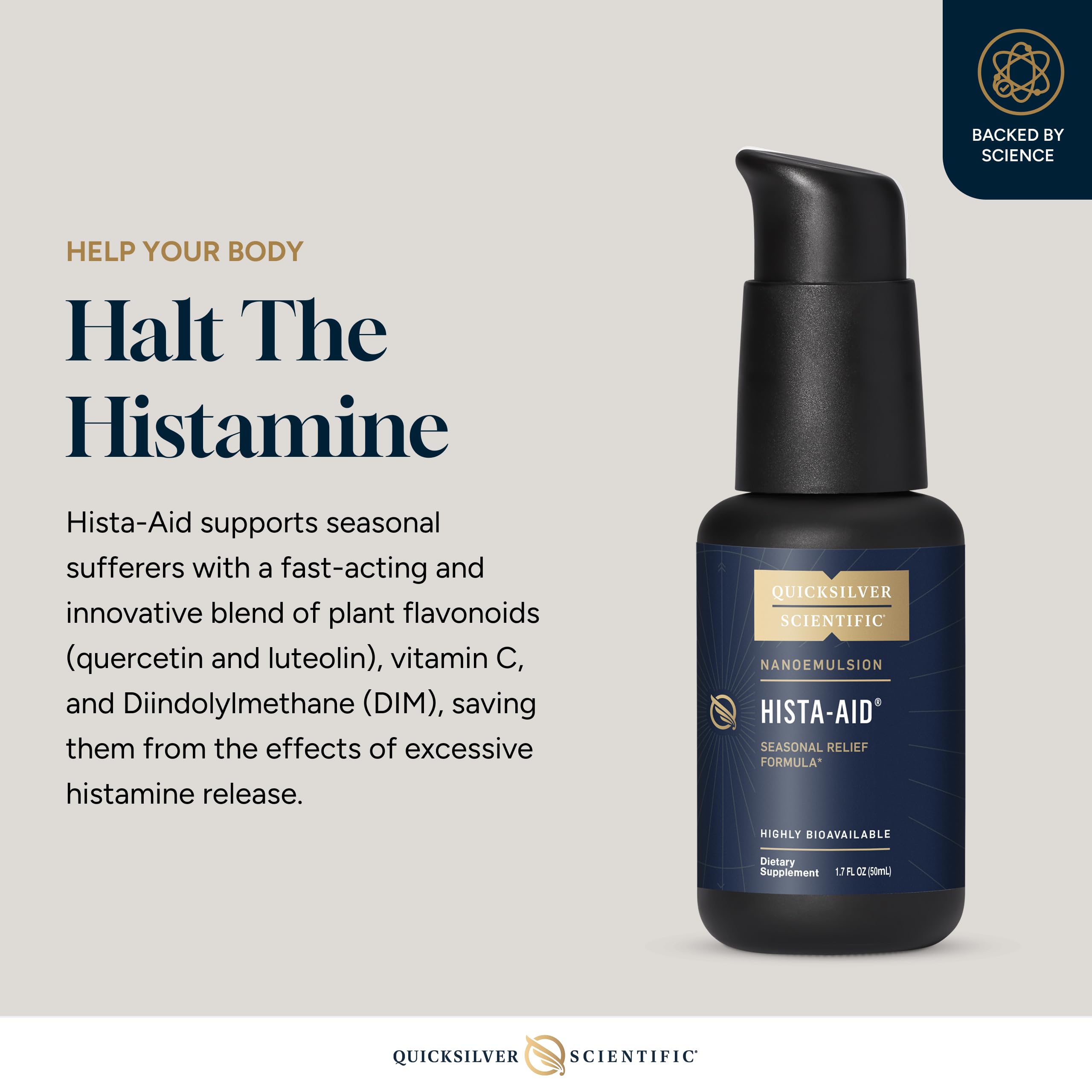 Quicksilver Scientific Hista-Aid dropper close-up highlights liposomal suspension clarity.