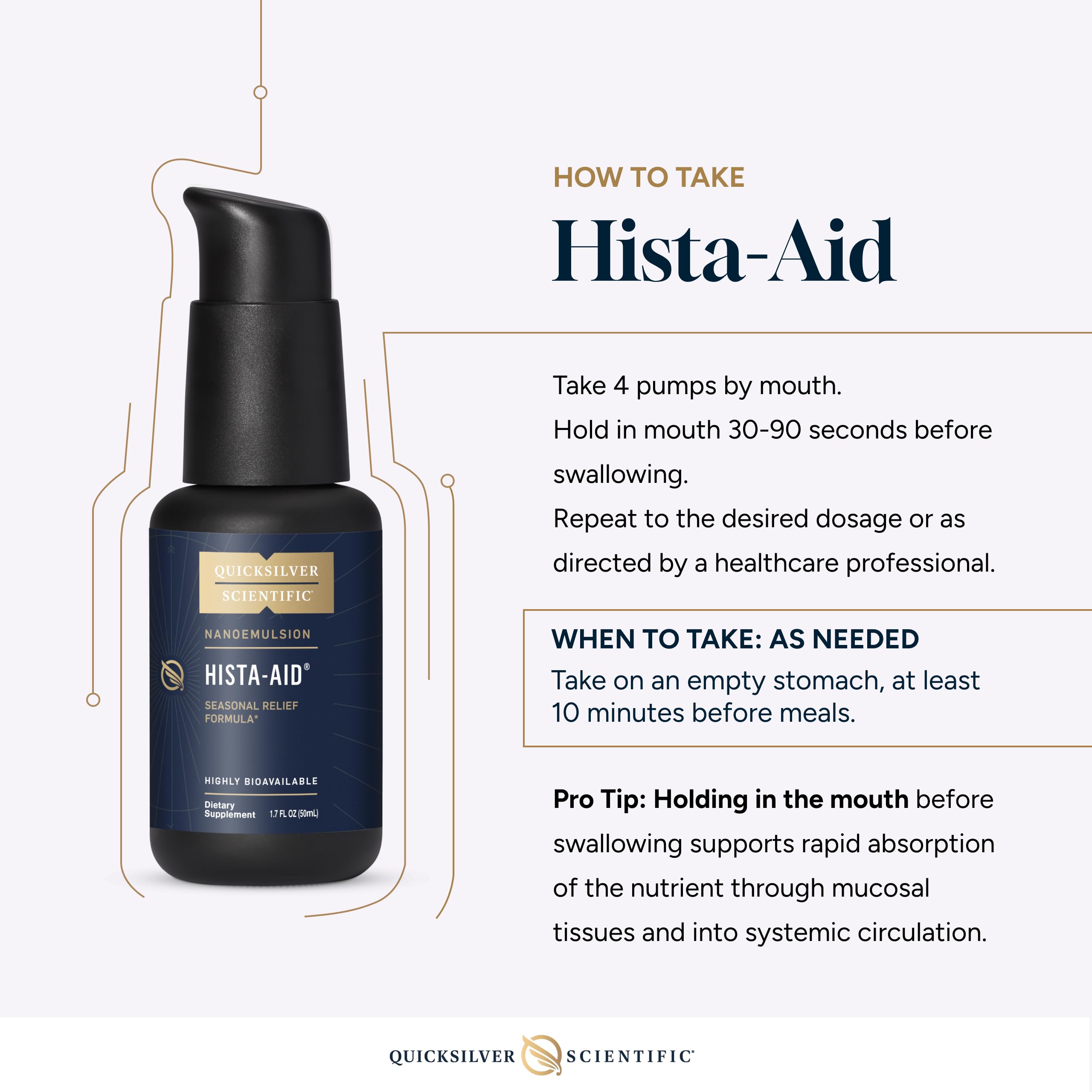 Quicksilver Scientific Hista-Aid ingredient graphic highlights flavonoids and vitamin C.