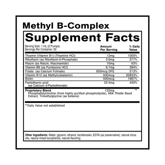 Close-up of the Methyl B Complex product label showing liposomal formulation