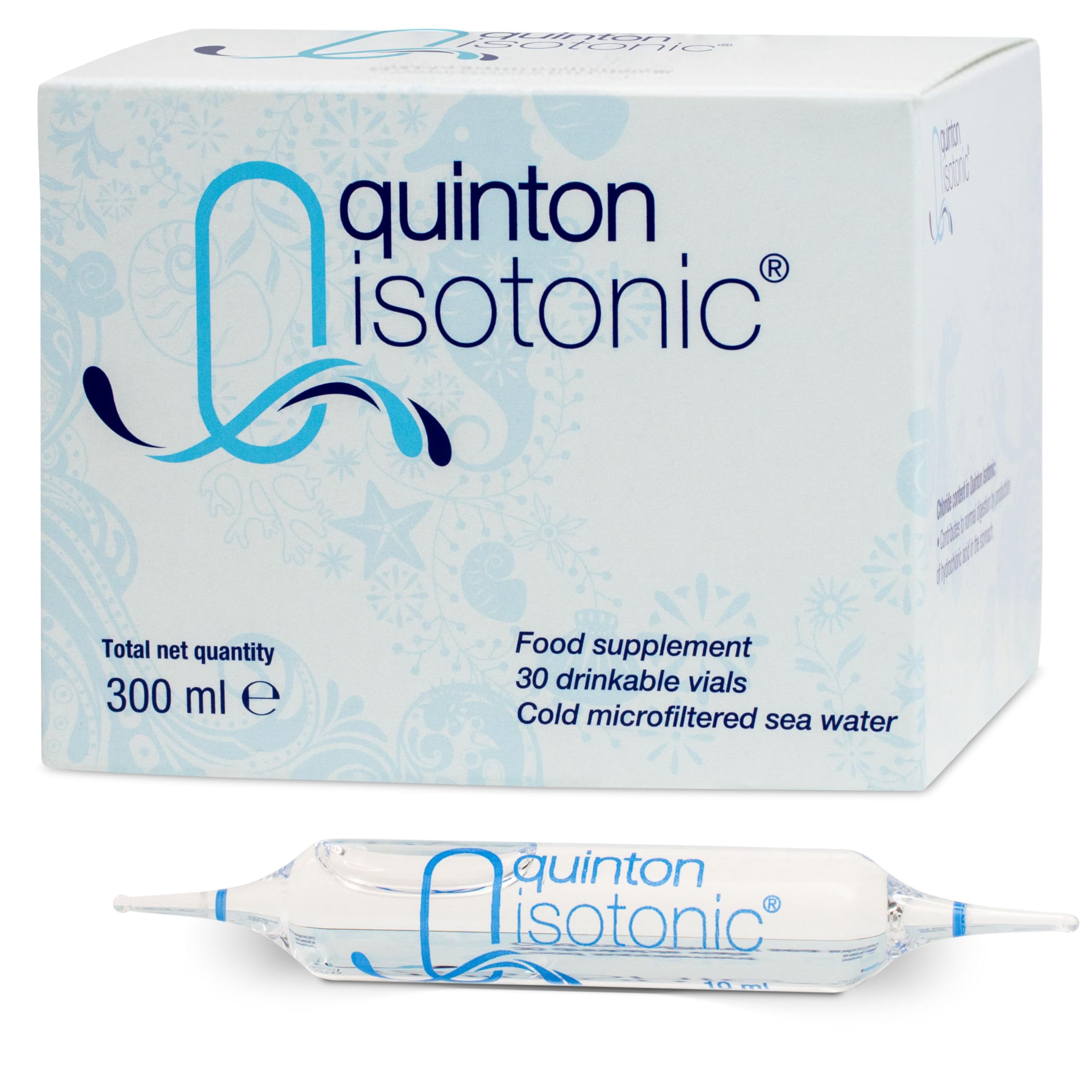 Quinton Isotonic Ampoules 10ml vial closeup highlighting pure sea-water composition.