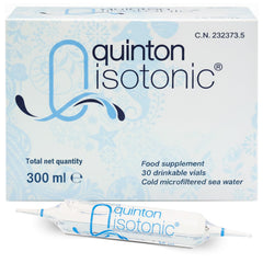 Quinton Isotonic Ampoules pack shot with 30 vials for daily hydration support.