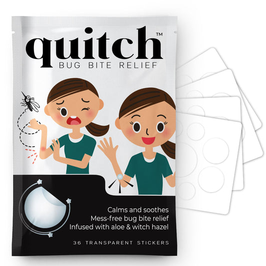 Quitch bug bite patch applied to arm for itch relief on the go.