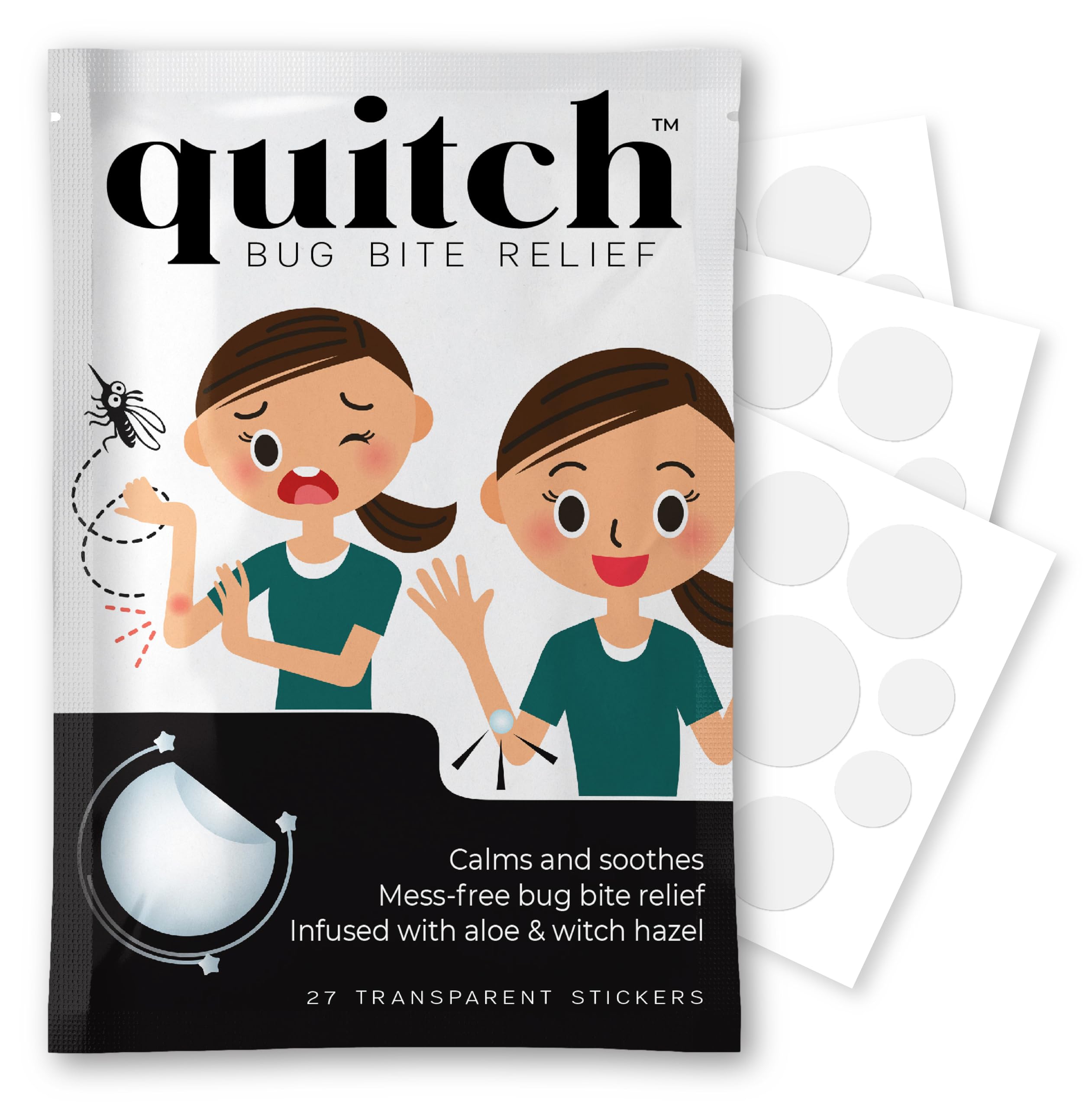 quitch bug bite patch packaging highlights natural ingredients and kid-friendly design