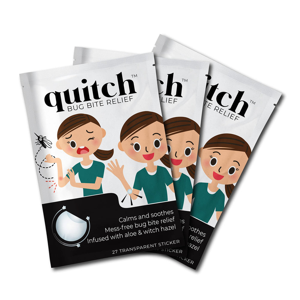 Quitch Bug Bite Patches packaging shows natural itch relief for kids and babies.
