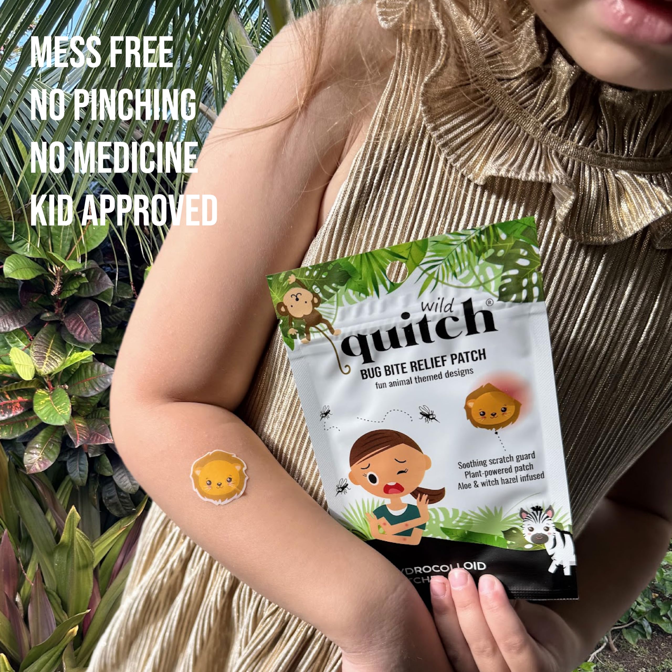 Quitch dermatologist-engineered bite relief patches shown on skin for safe family use