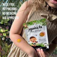 Quitch dermatologist-engineered bite relief patches shown on skin for safe family use