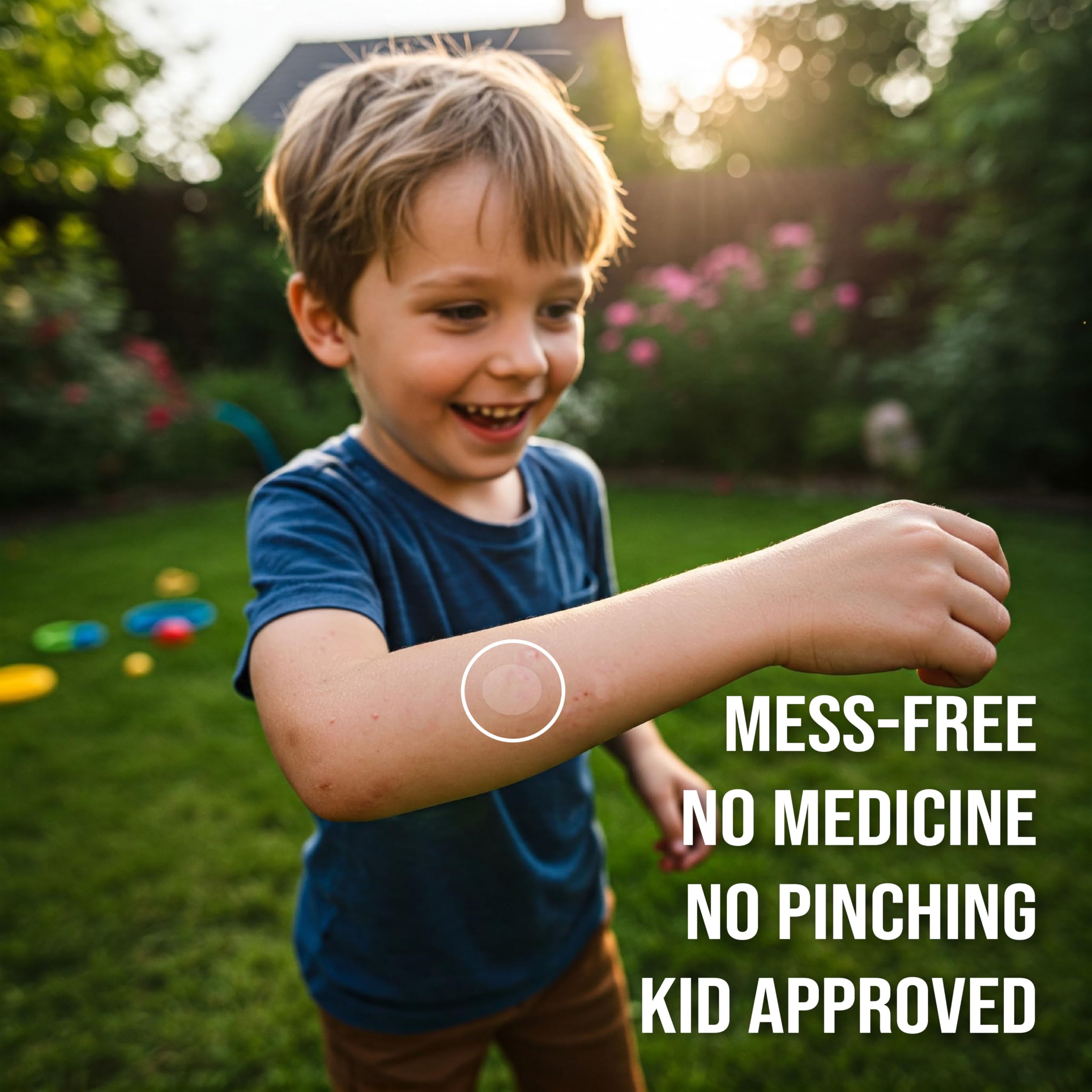 Parent applies Quitch patch to child’s arm for itch relief.