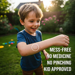 child applying quitch patch on arm during outdoor play