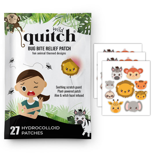 Quitch mosquito bite relief safari patches on skin provide quick itch relief for kids outdoors