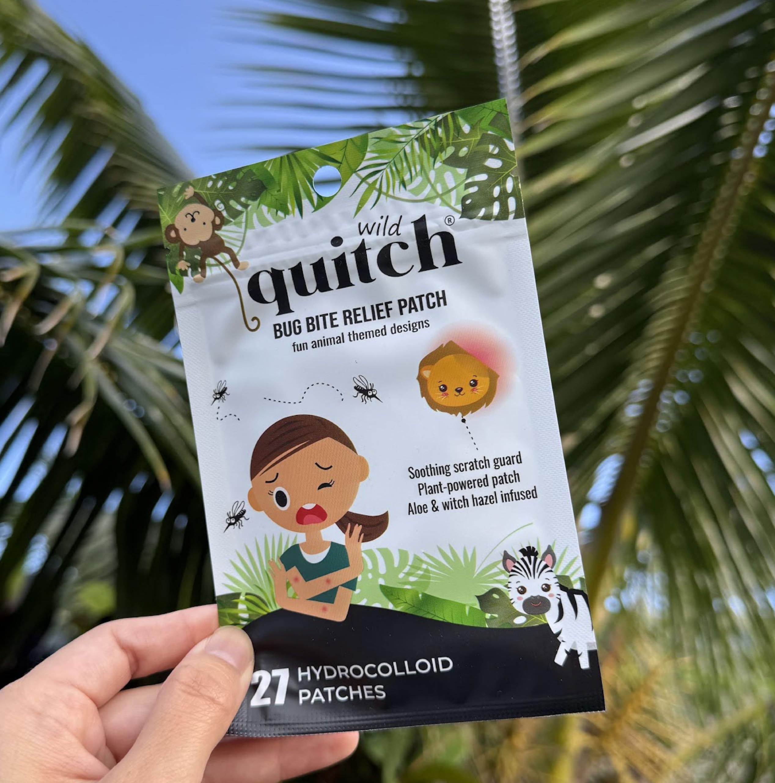 Quitch safari patches in outdoor setting demonstrate compact, travel-essential mosquito bite relief