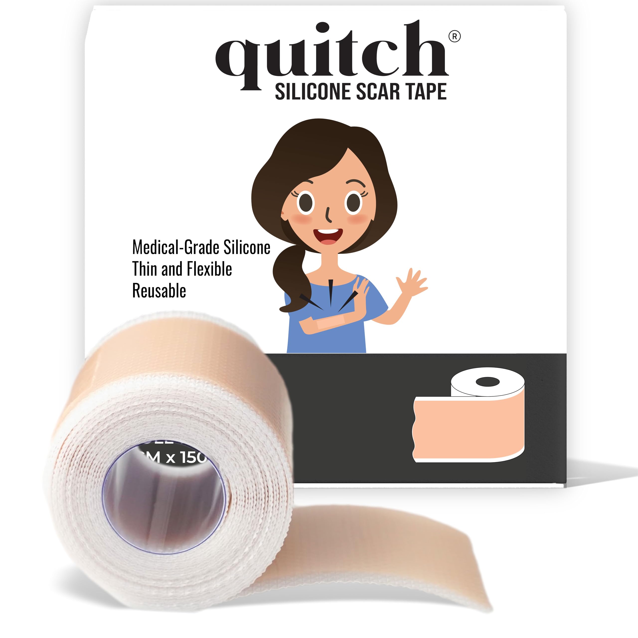 Quitch silicone scar sheets package front in nude for discreet scar care.