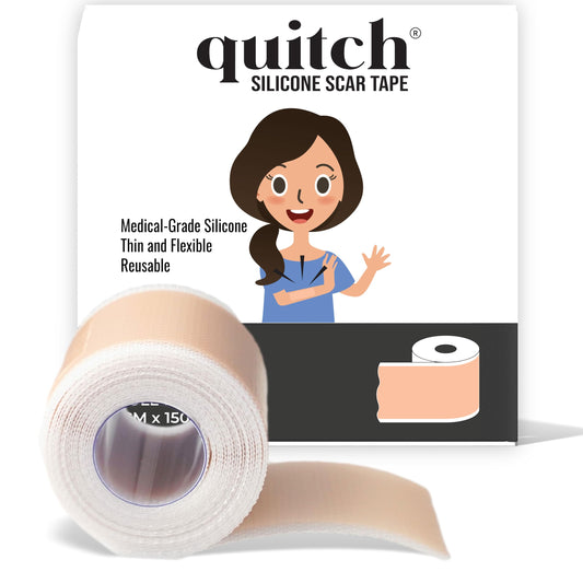 Quitch silicone scar sheets package front in nude for discreet scar care.