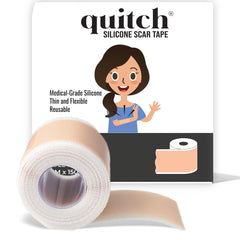 Quitch silicone scar sheets package front in nude for discreet scar care.