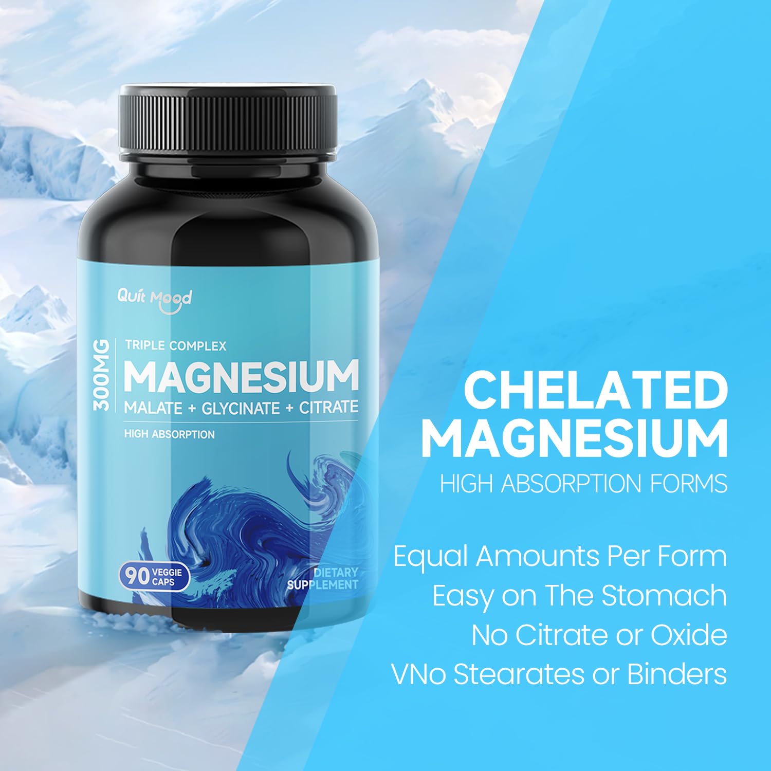 Front label of Quitmood Magnesium Complex bottle highlighting vegan and non-GMO