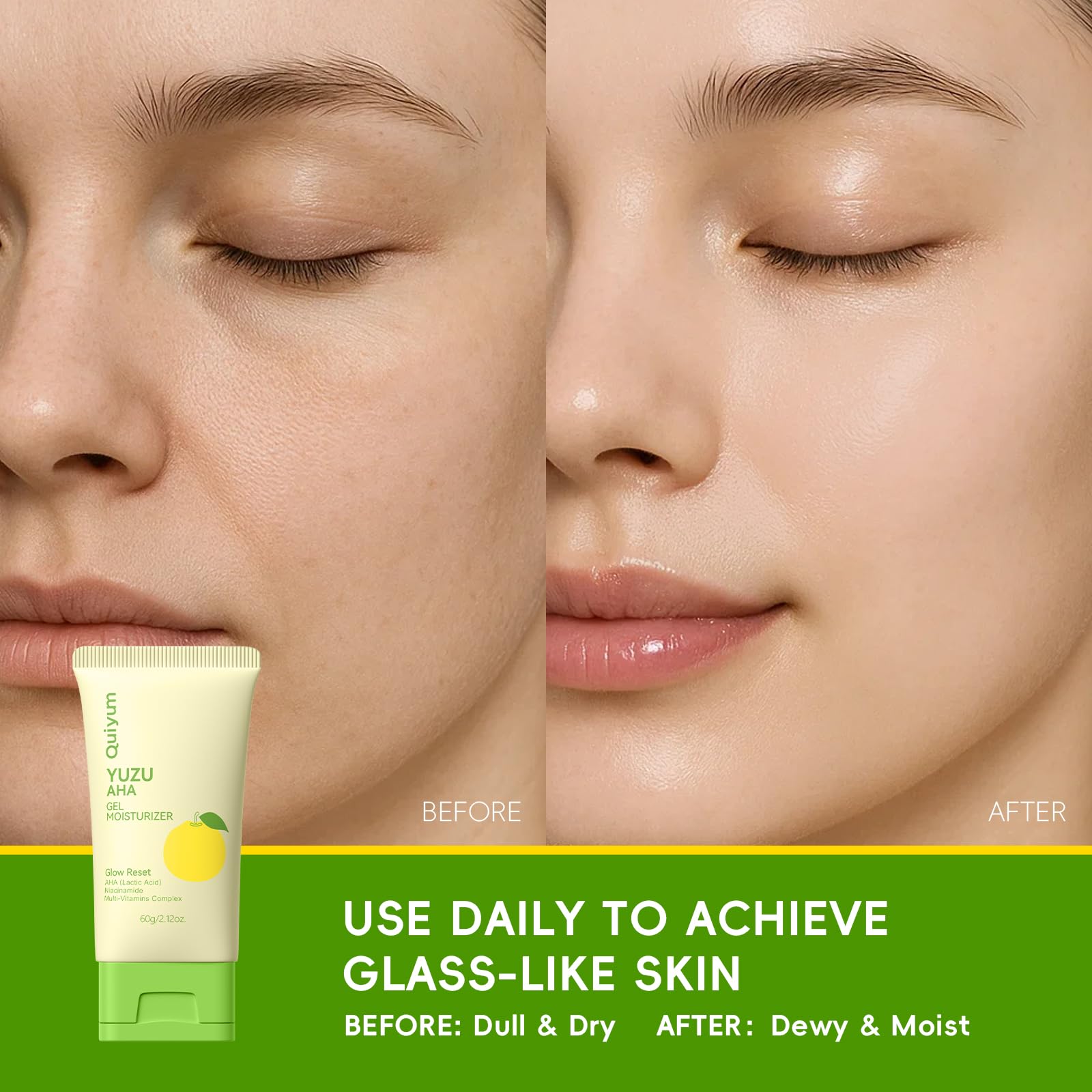 QUIYUM Yuzu moisturizer application showing a light, non-greasy finish.