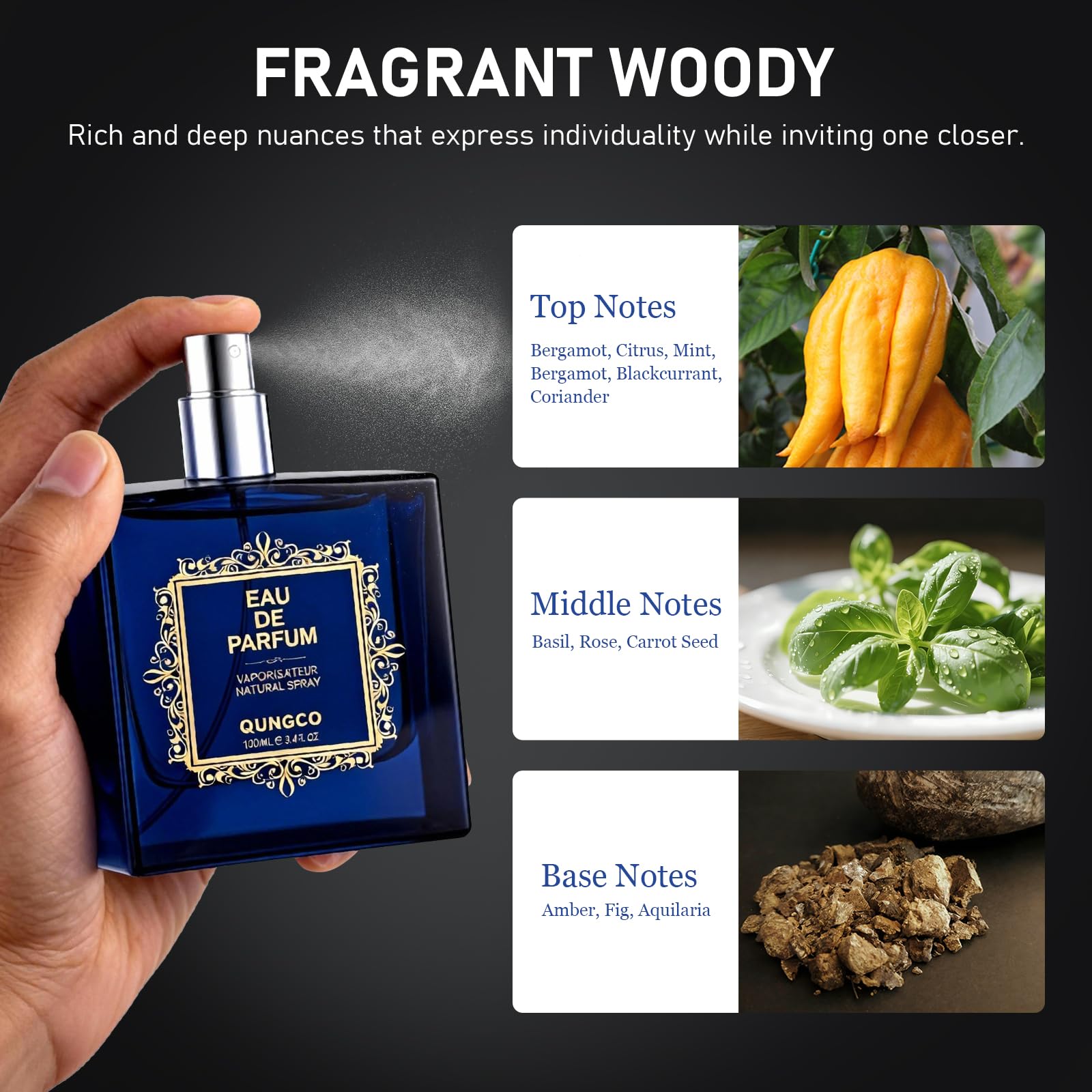 QUNGCO blue bottle on shelf conveys modern masculine style.
