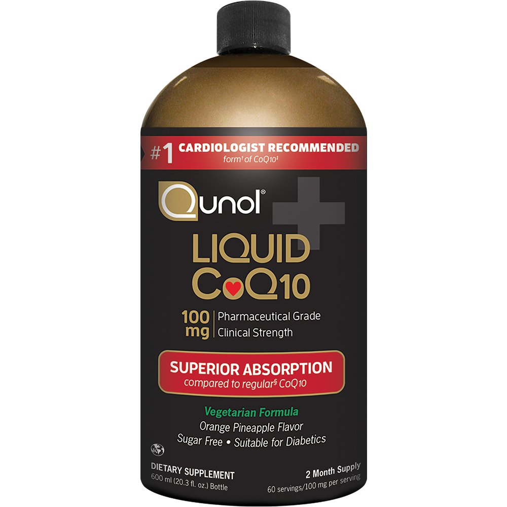 Front view of Qunol Liquid CoQ10 orange pineapple flavor bottle, 100 mg per 10 mL, 60 servings