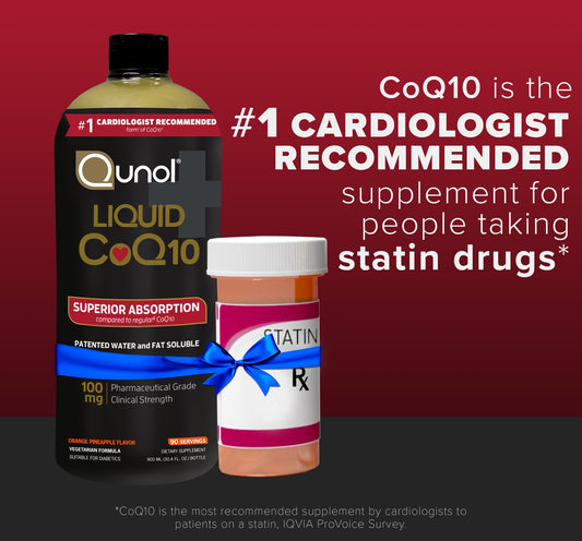 Close-up of the Qunol Liquid CoQ10 bottle showing orange pineapple flavor and 60 servings, 20.3 oz