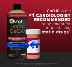 Close-up of the Qunol Liquid CoQ10 bottle showing orange pineapple flavor and 60 servings, 20.3 oz