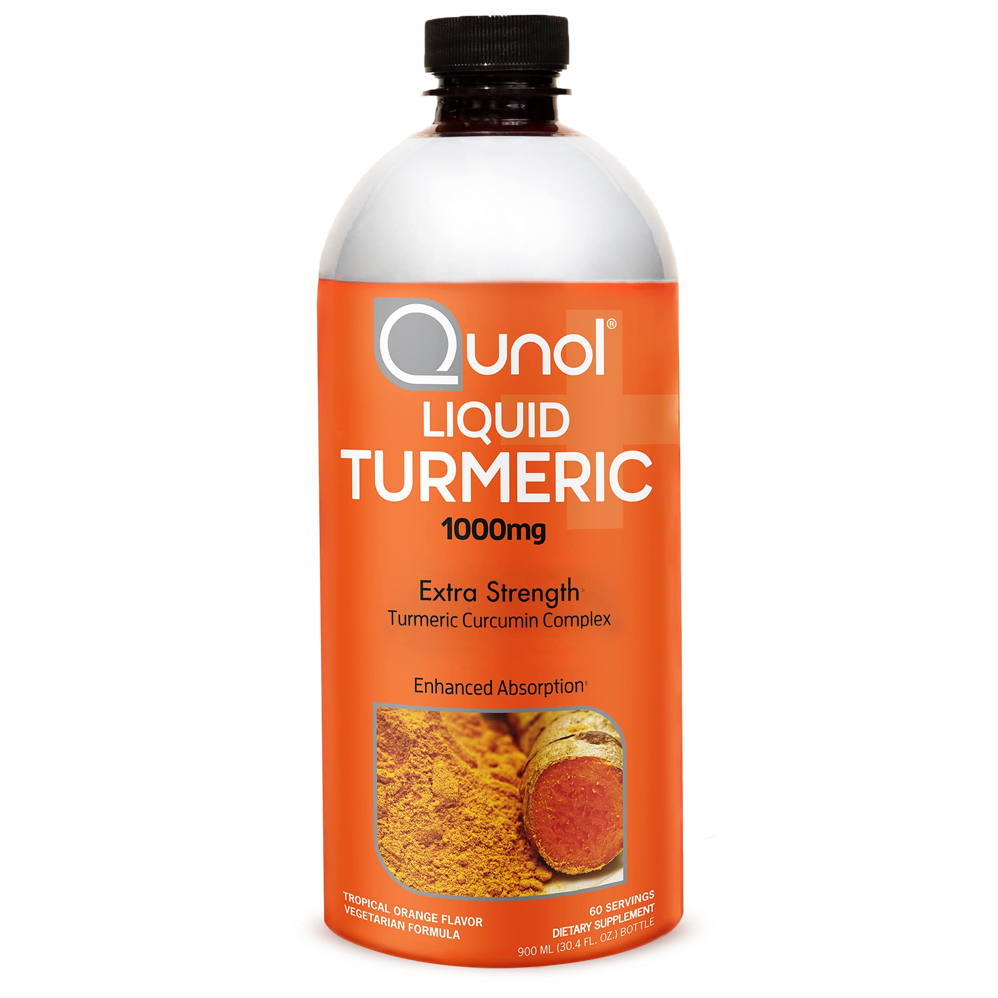 Qunol Liquid Turmeric bottle label highlighting 1000mg curcumin with black pepper.
