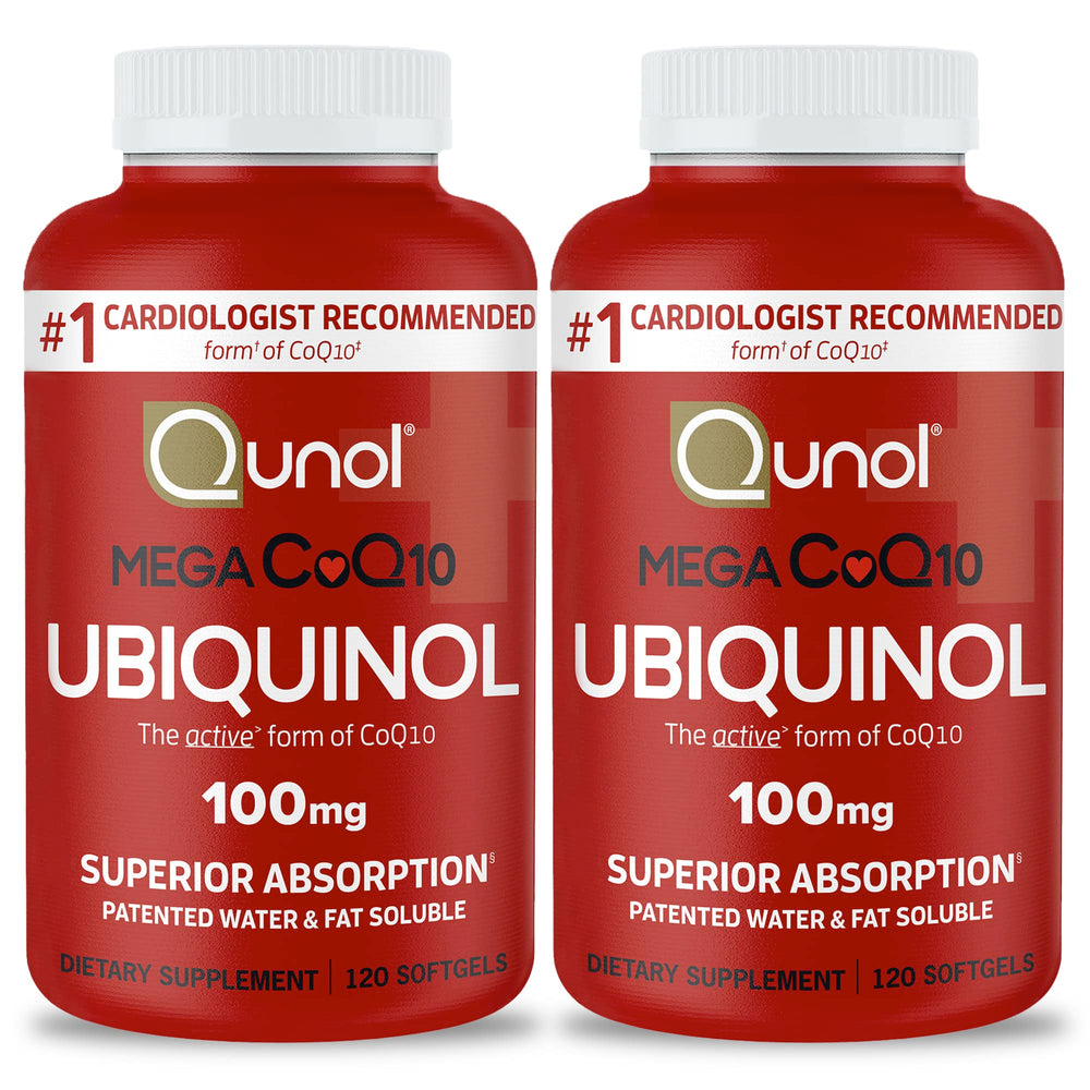 Qunol Mega Ubiquinol CoQ10 100mg softgels with 240-count packaging in a 2-pack