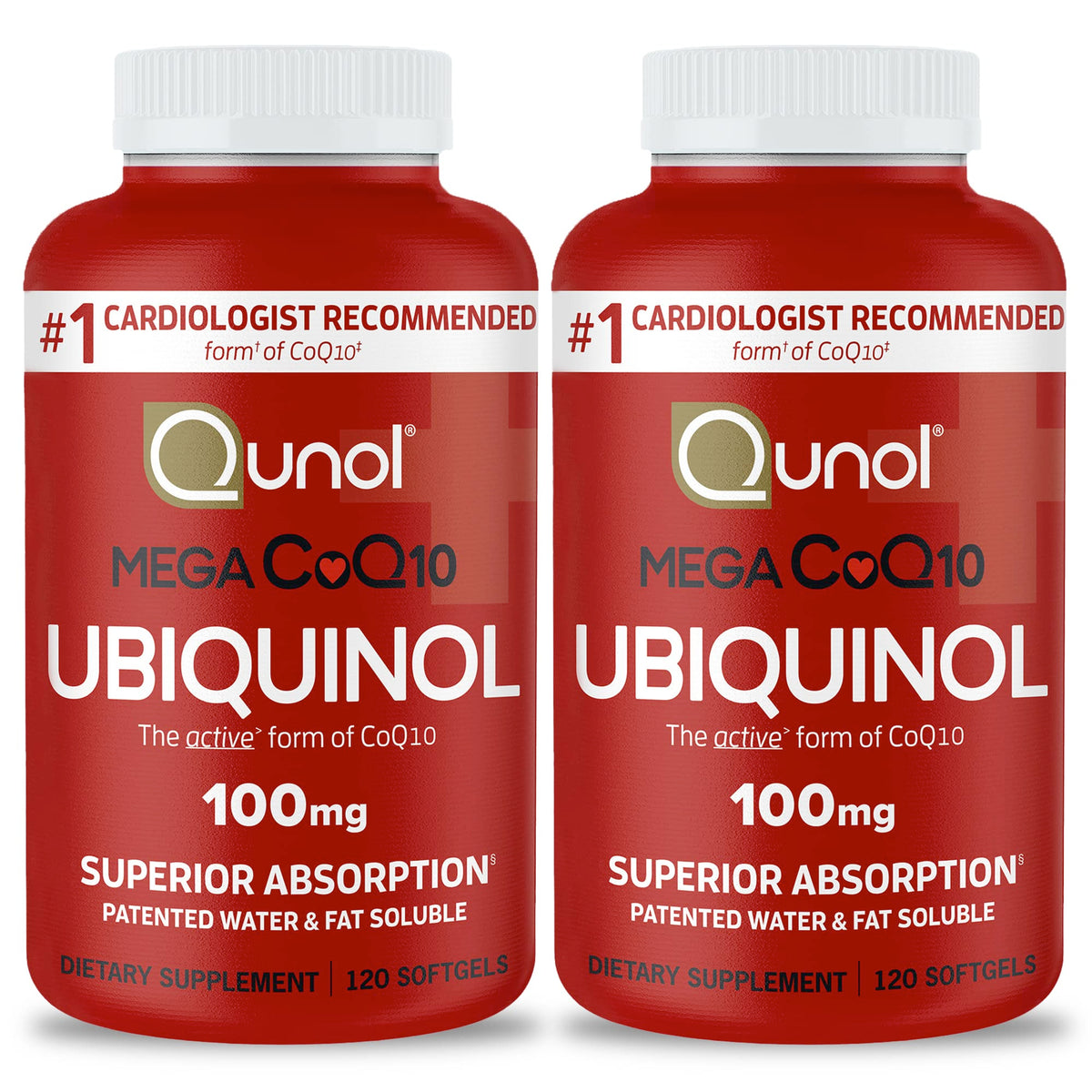 Qunol Mega Ubiquinol CoQ10 100mg softgels with 240-count packaging in a 2-pack