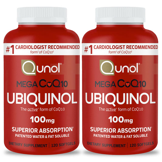 Qunol Mega Ubiquinol CoQ10 100mg softgels with 240-count packaging in a 2-pack