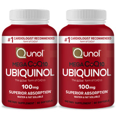 Qunol Mega Ubiquinol CoQ10 bottle highlighting enhanced absorption.