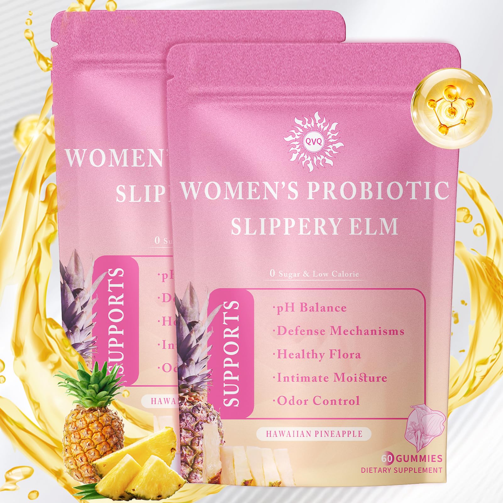 QVQ Women's Probiotic Slippery Elm Gummies packaging and bottle