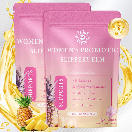 QVQ Women's Probiotic Slippery Elm Gummies packaging and bottle
